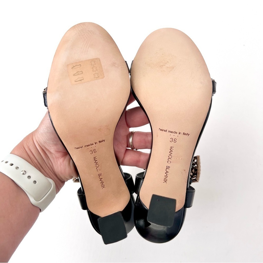 MANOLO BLAHNIK | Bashifa Black Leather‎ Jewel Ankle Bracelet Strap Sandal US 6 - Picture 11 of 14
